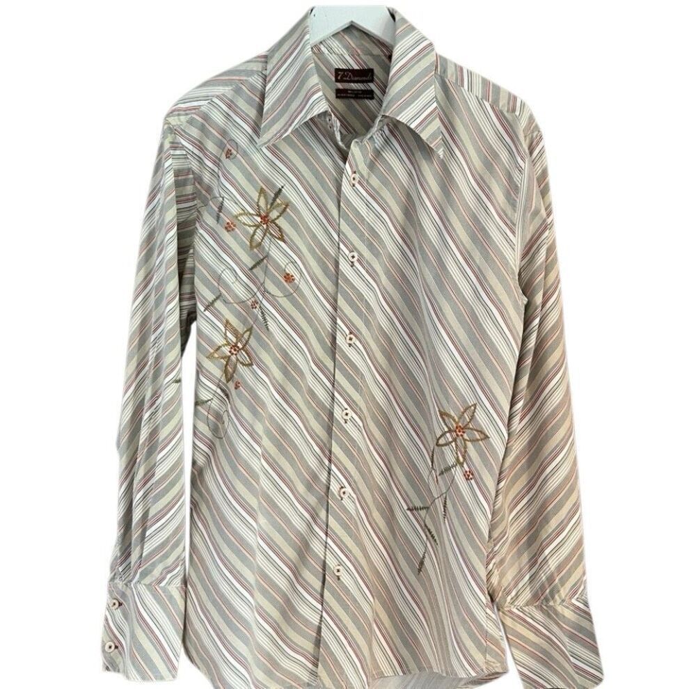 7 Diamonds cream striped cotton retro button down shirt with red embroidery - L